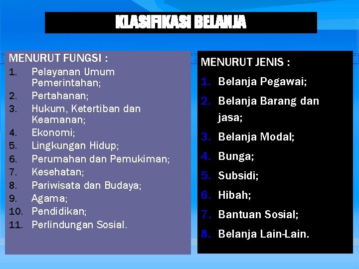 KLASIFIKASI BELANJA MENURUT FUNGSI : MENURUT JENIS : Pelayanan Umum Pemerintahan; 2. Pertahanan; 3.