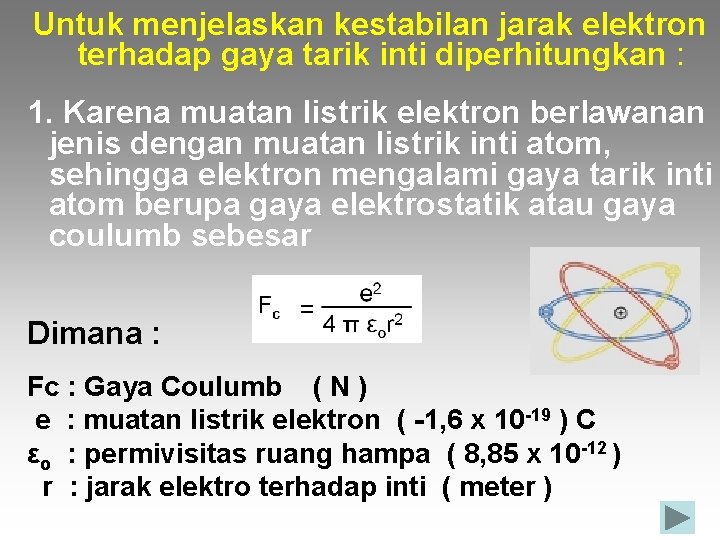 Untuk menjelaskan kestabilan jarak elektron terhadap gaya tarik inti diperhitungkan : 1. Karena muatan Untuk menjelaskan kestabilan jarak elektron terhadap gaya tarik inti diperhitungkan : 1. Karena muatan