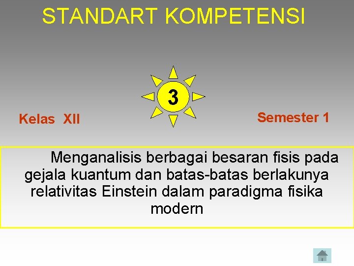 STANDART KOMPETENSI 3 Kelas XII Semester 1 Menganalisis berbagai besaran fisis pada gejala kuantum STANDART KOMPETENSI 3 Kelas XII Semester 1 Menganalisis berbagai besaran fisis pada gejala kuantum