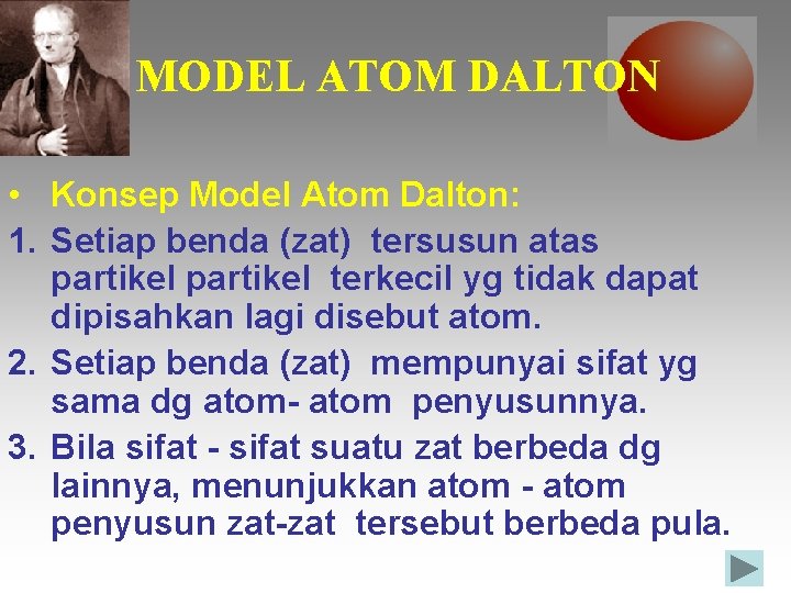 MODEL ATOM DALTON • Konsep Model Atom Dalton: 1. Setiap benda (zat) tersusun atas MODEL ATOM DALTON • Konsep Model Atom Dalton: 1. Setiap benda (zat) tersusun atas