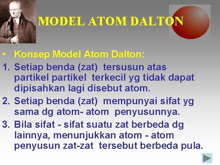 MODEL ATOM DALTON • Konsep Model Atom Dalton: 1. Setiap benda (zat) tersusun atas