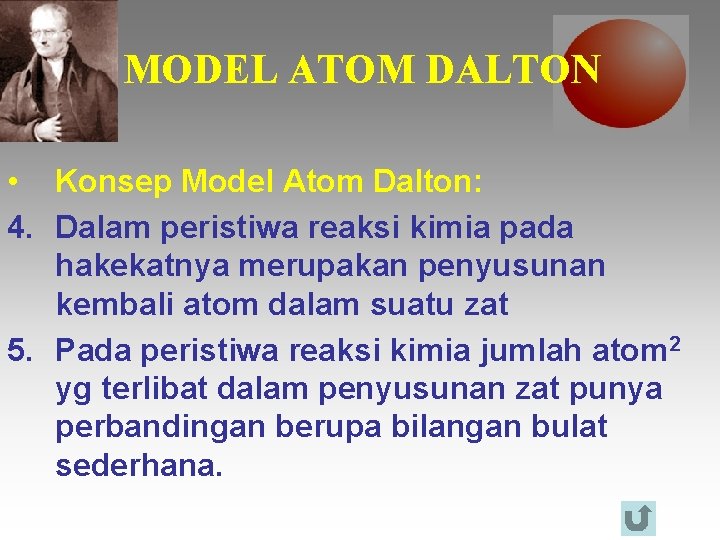 MODEL ATOM DALTON • Konsep Model Atom Dalton: 4. Dalam peristiwa reaksi kimia pada