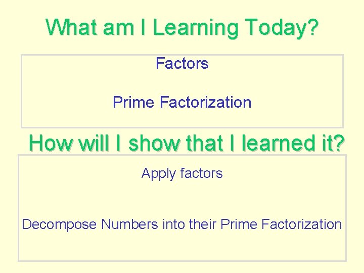 What am I Learning Today? Factors Prime Factorization How will I show that I