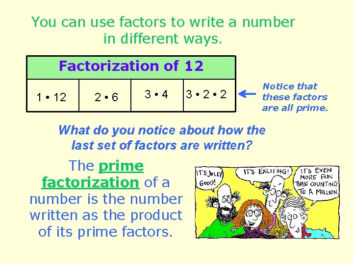 You can use factors to write a number in different ways. Factorization of 12
