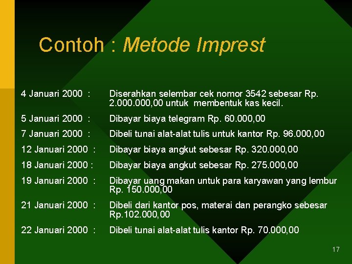 Contoh : Metode Imprest 4 Januari 2000 : Diserahkan selembar cek nomor 3542 sebesar