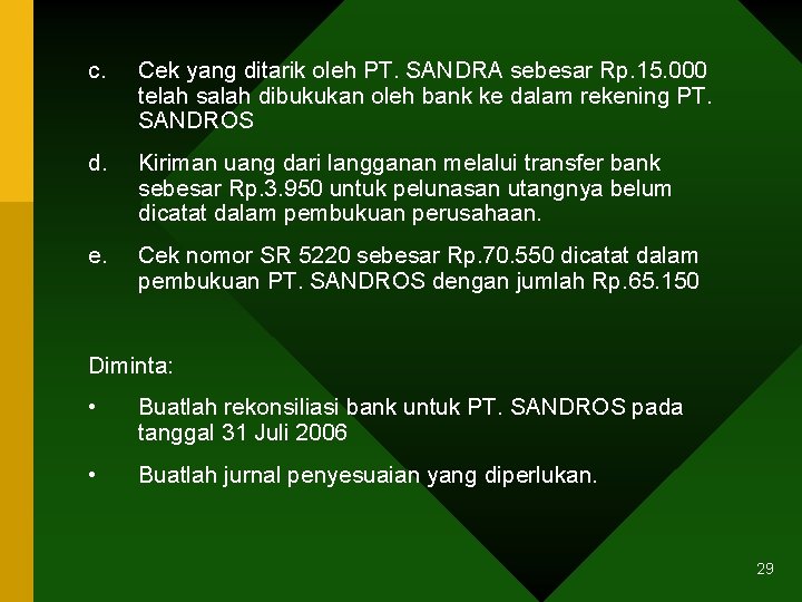 c. Cek yang ditarik oleh PT. SANDRA sebesar Rp. 15. 000 telah salah dibukukan