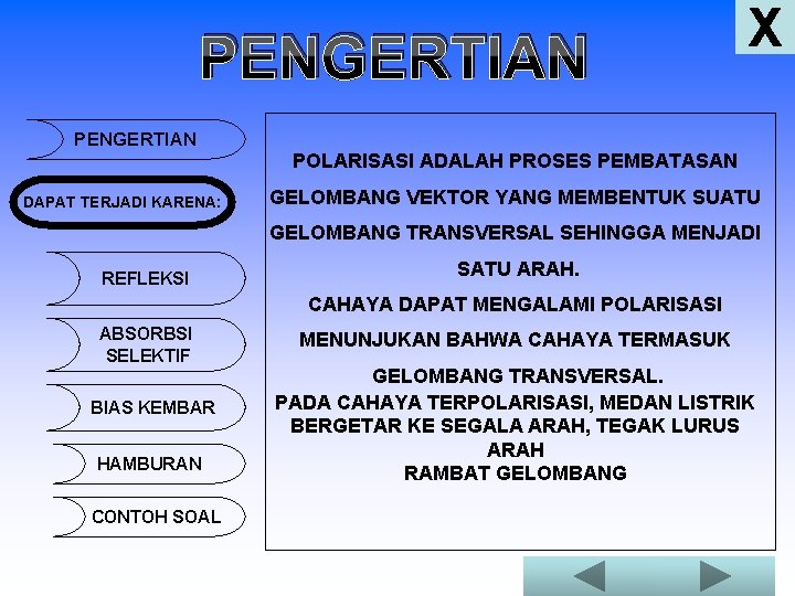 PENGERTIAN X PENGERTIAN POLARISASI ADALAH PROSES PEMBATASAN DAPAT TERJADI KARENA: GELOMBANG VEKTOR YANG MEMBENTUK