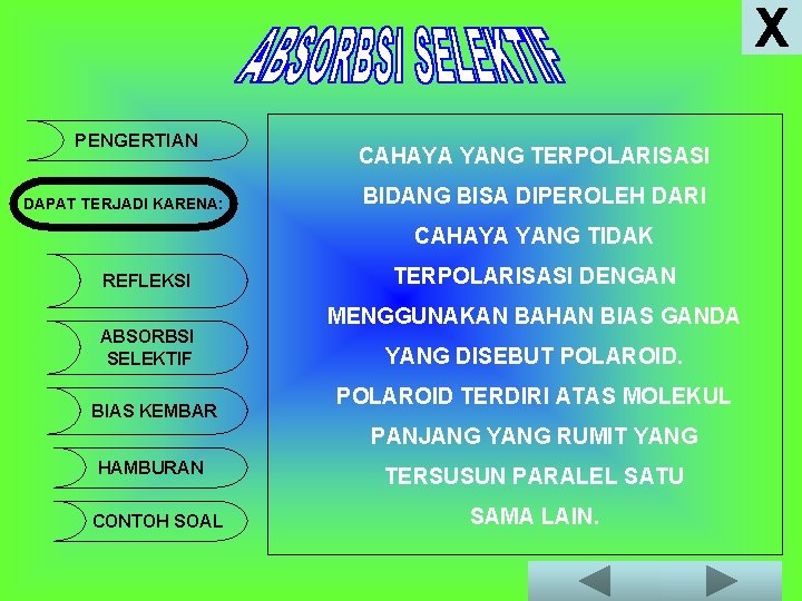 X PENGERTIAN DAPAT TERJADI KARENA: CAHAYA YANG TERPOLARISASI BIDANG BISA DIPEROLEH DARI CAHAYA YANG
