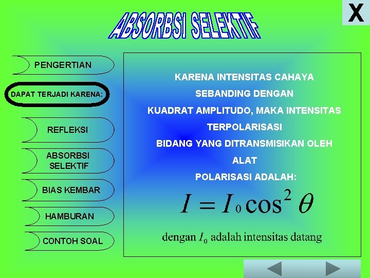 X PENGERTIAN KARENA INTENSITAS CAHAYA DAPAT TERJADI KARENA: SEBANDING DENGAN KUADRAT AMPLITUDO, MAKA INTENSITAS