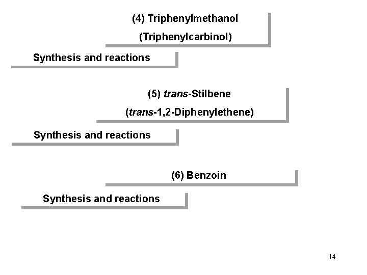 (4) Triphenylmethanol (Triphenylcarbinol) Synthesis and reactions (5) trans-Stilbene (trans-1, 2 -Diphenylethene) Synthesis and reactions