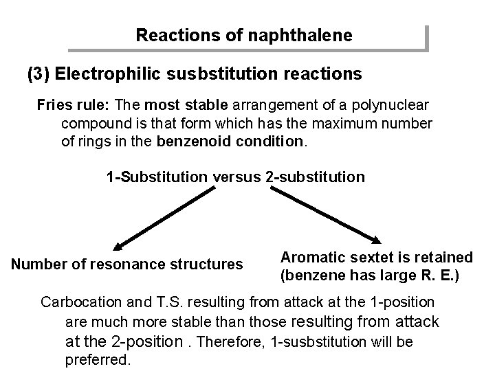 Reactions of naphthalene (3) Electrophilic susbstitution reactions Fries rule: The most stable arrangement of