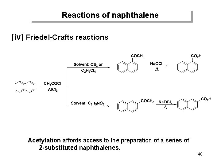 Reactions of naphthalene (iv) Friedel-Crafts reactions Acetylation affords access to the preparation of a