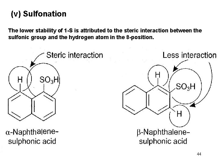 (v) Sulfonation The lower stability of 1 -S is attributed to the steric interaction