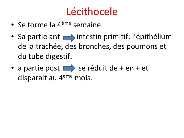 Lécithocele • Se forme la 4ème semaine. • Sa partie ant intestin primitif: l’épithélium