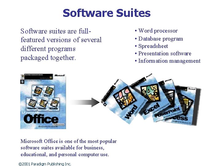 Software Suites Software suites are fullfeatured versions of several different programs packaged together. Microsoft