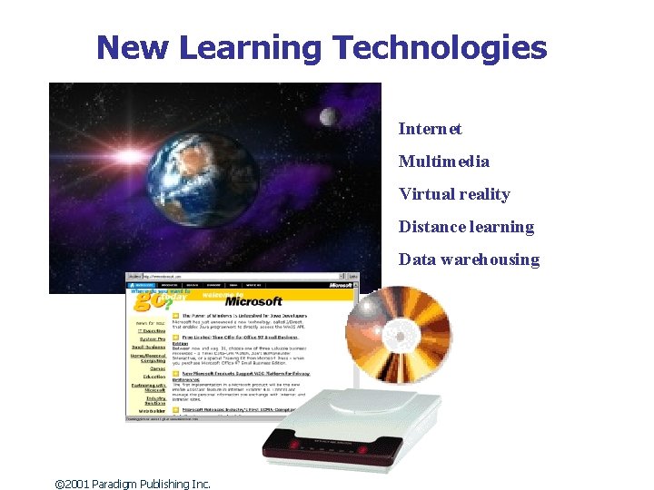 New Learning Technologies Internet Multimedia Virtual reality Distance learning Data warehousing © 2001 Paradigm