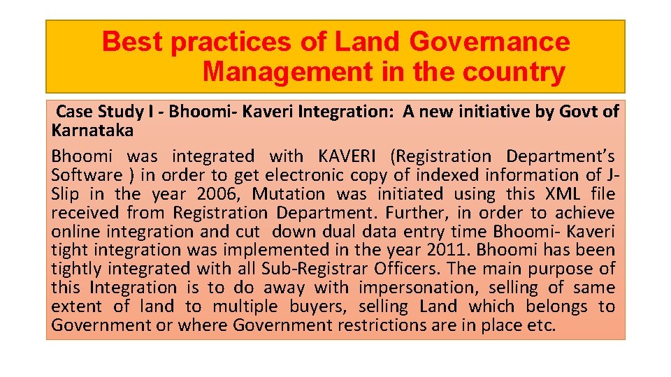 Best practices of Land Governance Management in the country Case Study I - Bhoomi-