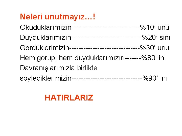 Neleri unutmayız…! Okuduklarımızın---------------%10’ unu Duyduklarımızın---------------%20’ sini Gördüklerimizin---------------%30’ unu Hem görüp, hem duyduklarımızın-------%80’ ini Davranışlarımızla