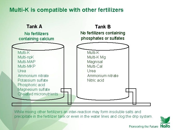 Multi-K is compatible with other fertilizers Tank A No fertilizers containing calcium Multi-K Multi-np.