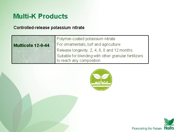 Multi-K Products Controlled-release potassium nitrate Multicote 12 -0 -44 Polymer-coated potassium nitrate For ornamentals,