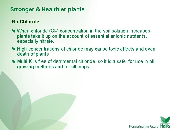 Stronger & Healthier plants No Chloride When chloride (Cl-) concentration in the soil solution