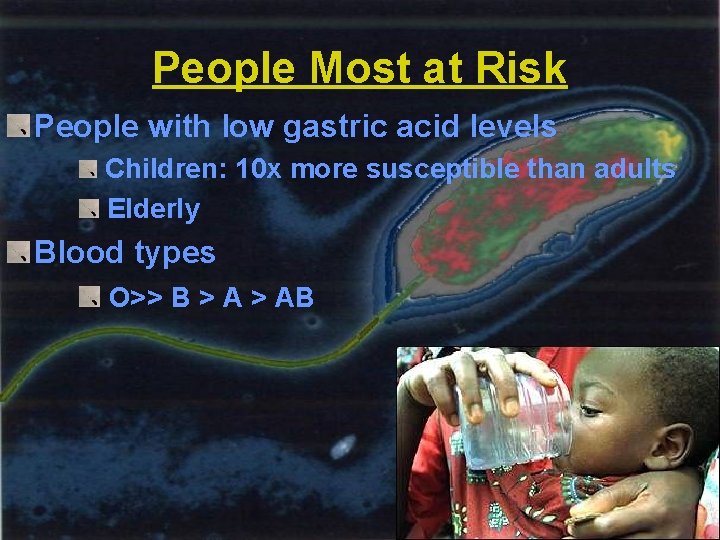 People Most at Risk People with low gastric acid levels Children: 10 x more
