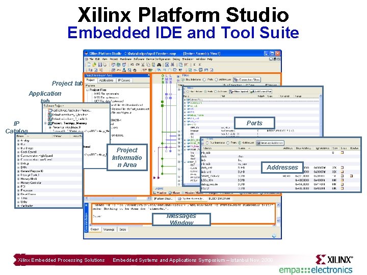 Xilinx Platform Studio Embedded IDE and Tool Suite Project tab Application tab Bus interface
