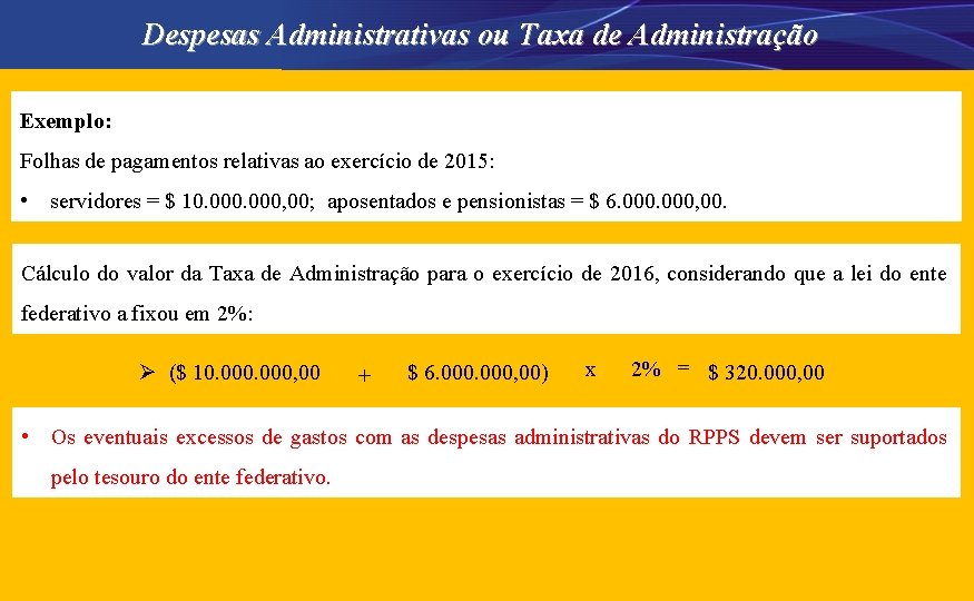 Despesas Administrativas ou Taxa de Administração Exemplo: Folhas de pagamentos relativas ao exercício de