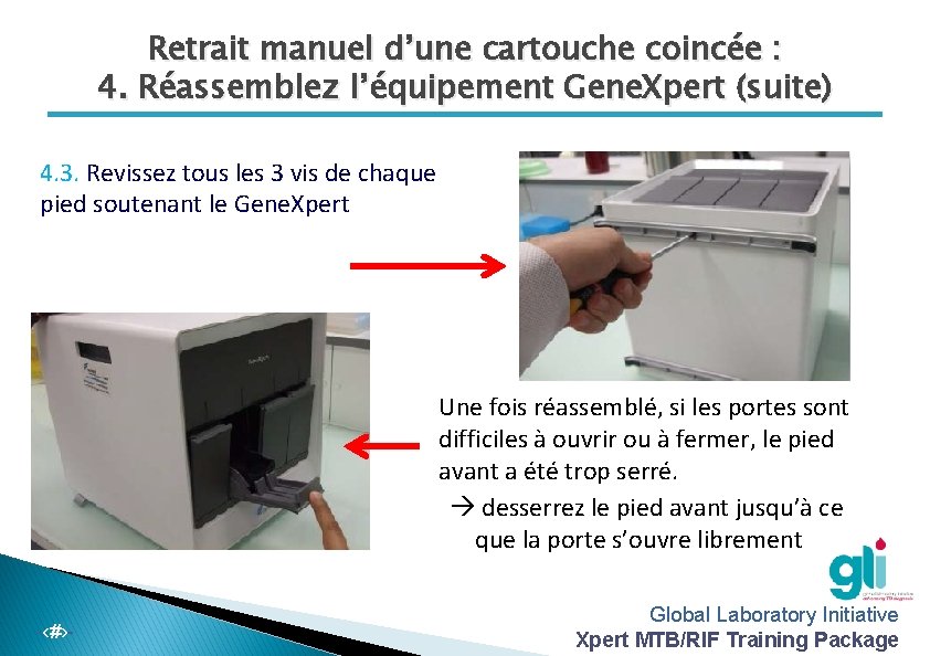 Retrait manuel d’une cartouche coincée : 4. Réassemblez l’équipement Gene. Xpert (suite) 4. 3.