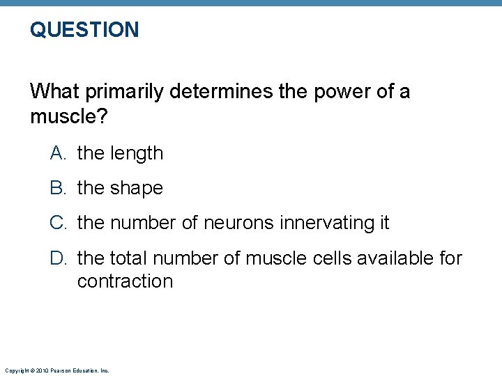 QUESTION What primarily determines the power of a muscle? A. the length B. the