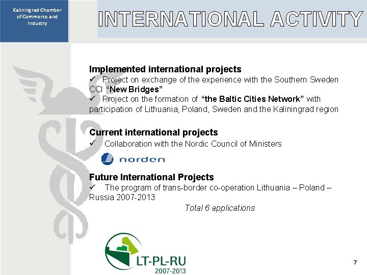 Kaliningrad Chamber of Commerce and Industry INTERNATIONAL ACTIVITY Implemented international projects ü Project on