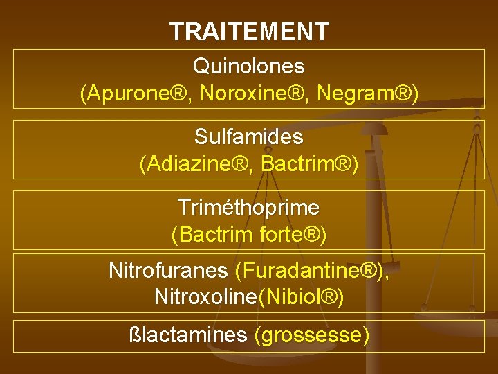 TRAITEMENT Quinolones (Apurone®, Noroxine®, Negram®) Sulfamides (Adiazine®, Bactrim®) Triméthoprime (Bactrim forte®) Nitrofuranes (Furadantine®), Nitroxoline(Nibiol®)