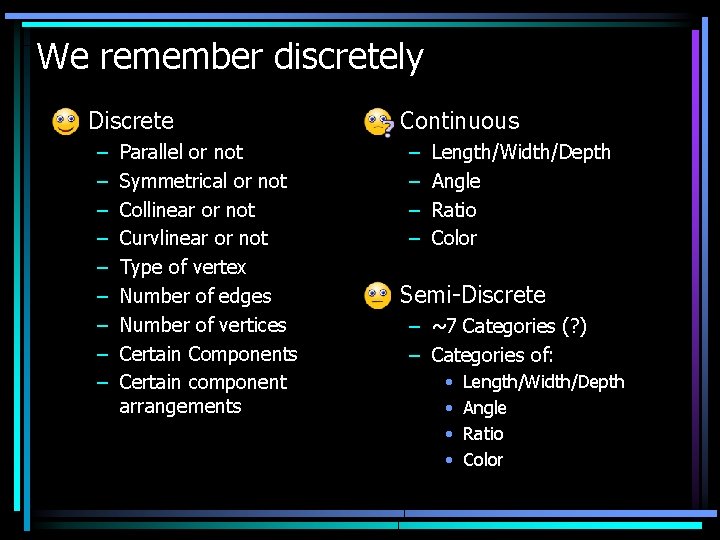 We remember discretely • Discrete – – – – – Parallel or not Symmetrical