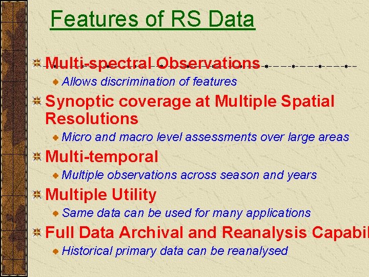 Features of RS Data Multi-spectral Observations Allows discrimination of features Synoptic coverage at Multiple