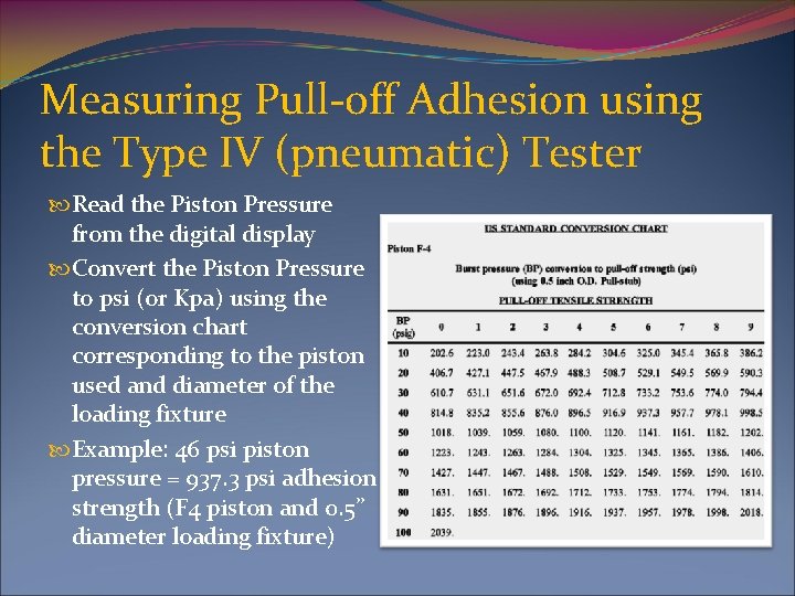 Measuring Pull-off Adhesion using the Type IV (pneumatic) Tester Read the Piston Pressure from