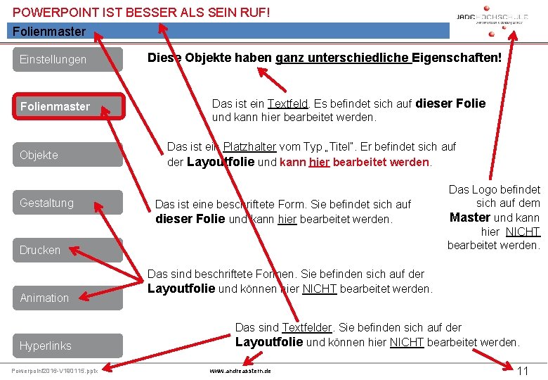 POWERPOINT IST BESSER ALS SEIN RUF! Folienmaster Einstellungen Folienmaster Objekte Gestaltung Diese Objekte haben