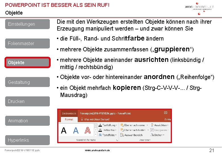 POWERPOINT IST BESSER ALS SEIN RUF! Objekte Einstellungen Folienmaster Objekte Gestaltung Die mit den