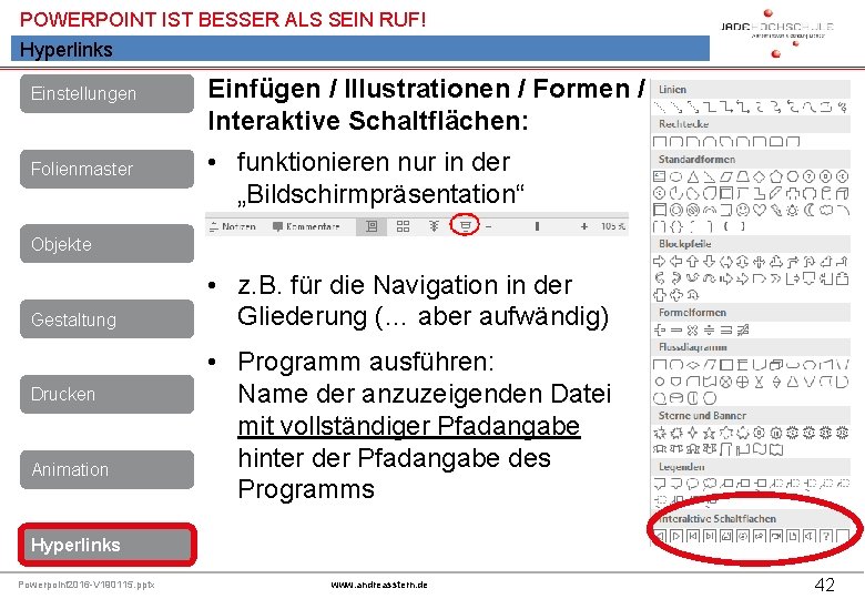 POWERPOINT IST BESSER ALS SEIN RUF! Hyperlinks Einstellungen Folienmaster Einfügen / Illustrationen / Formen