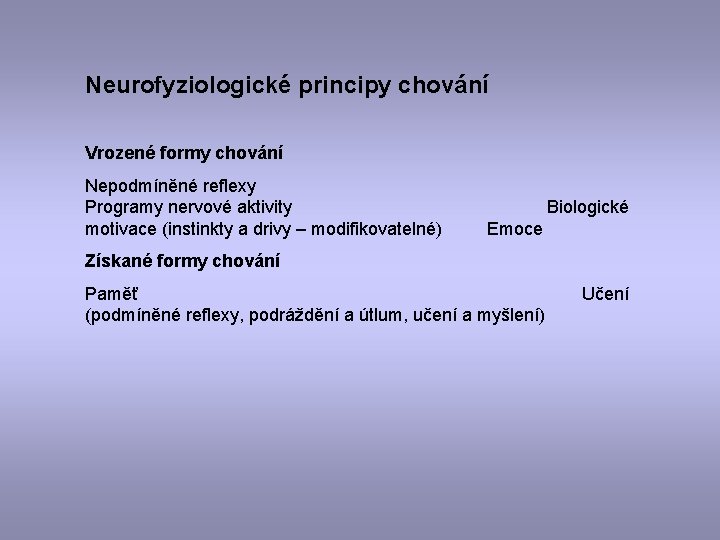 Neurofyziologické principy chování Vrozené formy chování Nepodmíněné reflexy Programy nervové aktivity Biologické motivace (instinkty