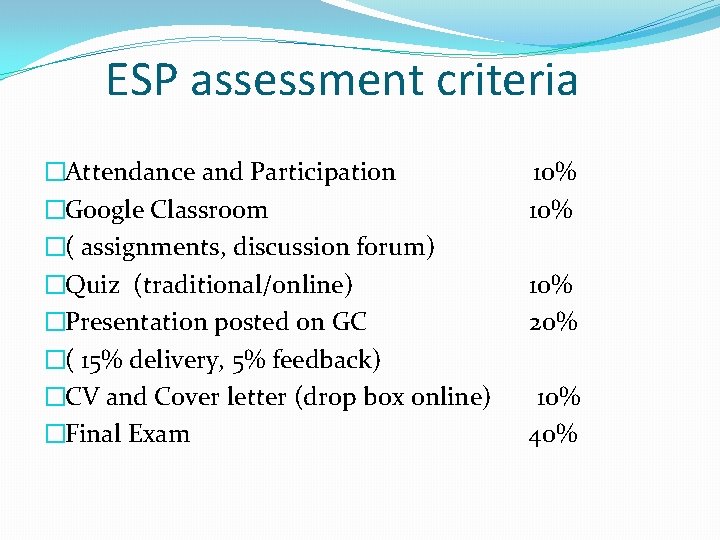 ESP assessment criteria �Attendance and Participation �Google Classroom �( assignments, discussion forum) �Quiz (traditional/online)