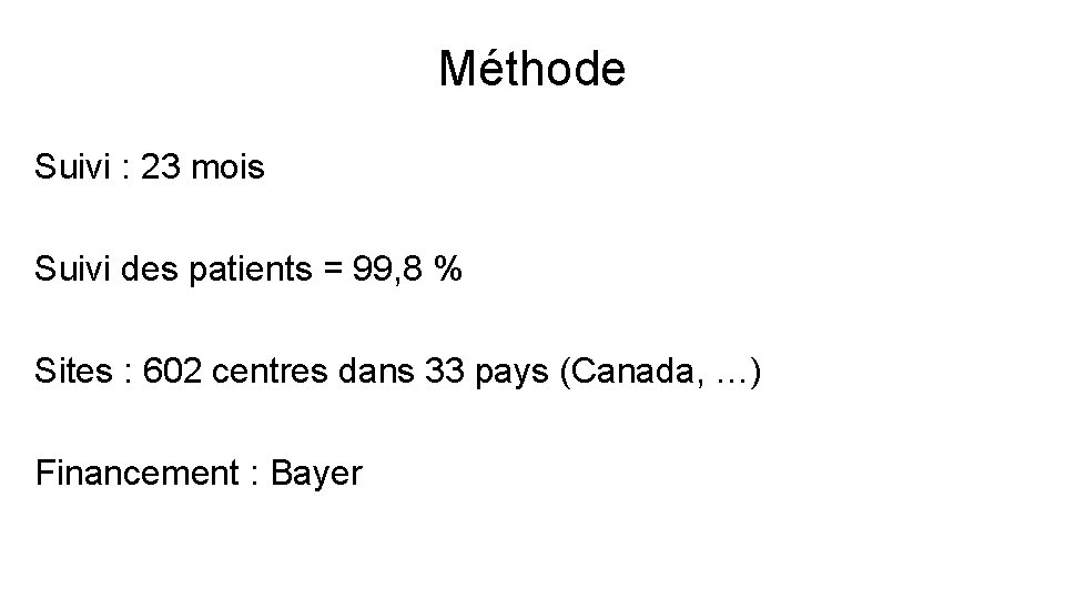 Méthode Suivi : 23 mois Suivi des patients = 99, 8 % Sites :