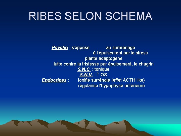 RIBES SELON SCHEMA Psycho : s'oppose au surmenage à l'épuisement par le stress plante