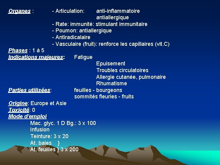Organes : Articulation: anti inflammatoire antiallergique Rate: immunité: stimulant immunitaire Poumon: antiallergique Antiradicalaire Vasculaire