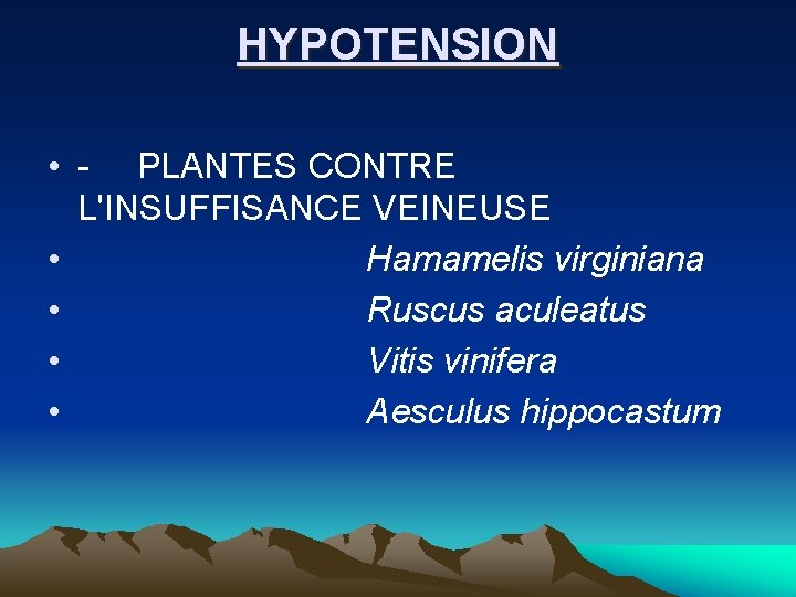 HYPOTENSION • PLANTES CONTRE L'INSUFFISANCE VEINEUSE • Hamamelis virginiana • Ruscus aculeatus • Vitis