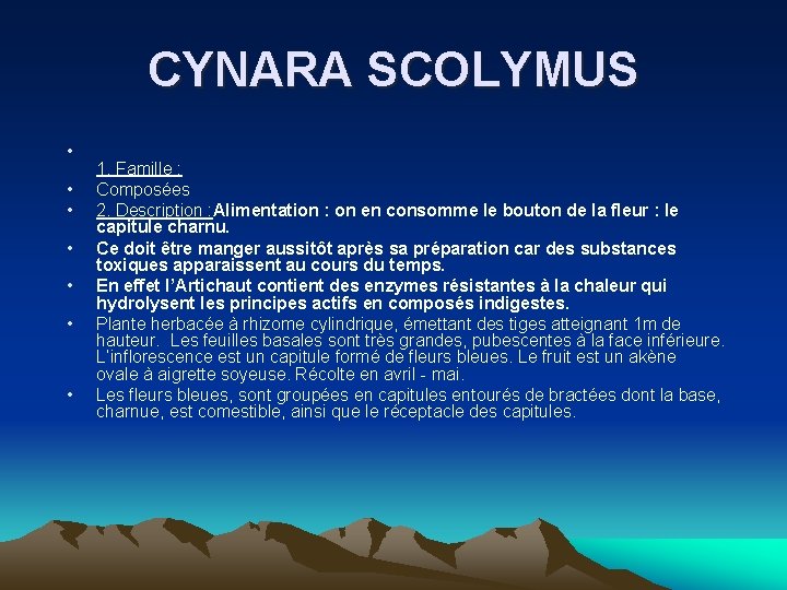 CYNARA SCOLYMUS • • 1. Famille : Composées 2. Description : Alimentation : on