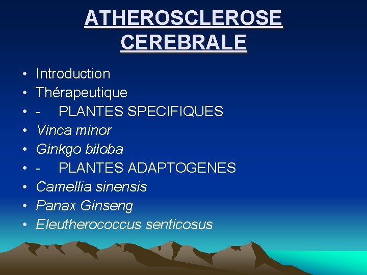 ATHEROSCLEROSE CEREBRALE • • • Introduction Thérapeutique PLANTES SPECIFIQUES Vinca minor Ginkgo biloba PLANTES