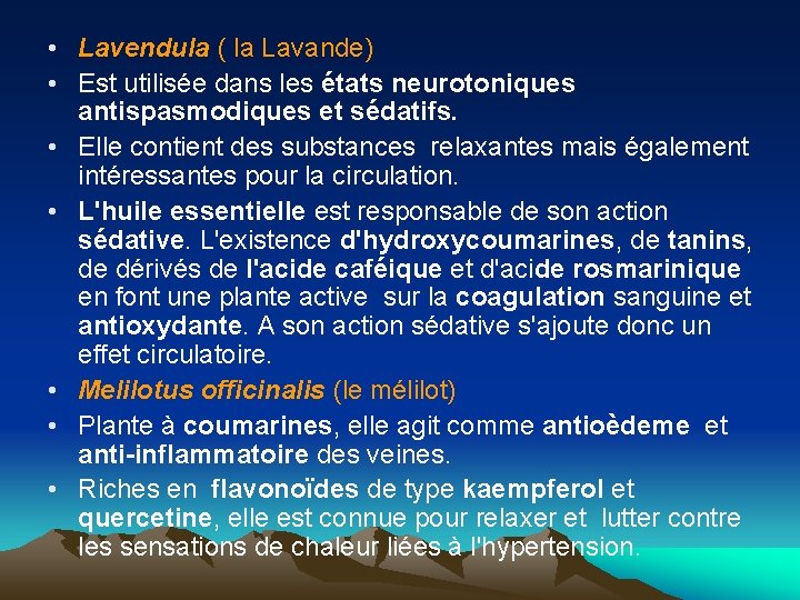  • Lavendula ( la Lavande) • Est utilisée dans les états neurotoniques antispasmodiques