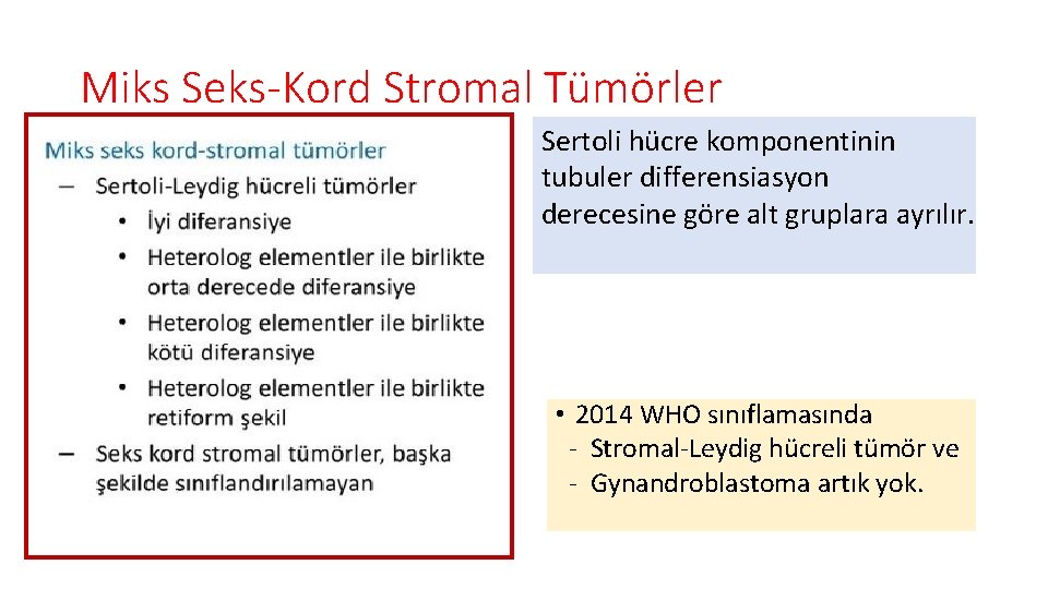 Miks Seks-Kord Stromal Tümörler Sertoli hücre komponentinin tubuler differensiasyon derecesine göre alt gruplara ayrılır.