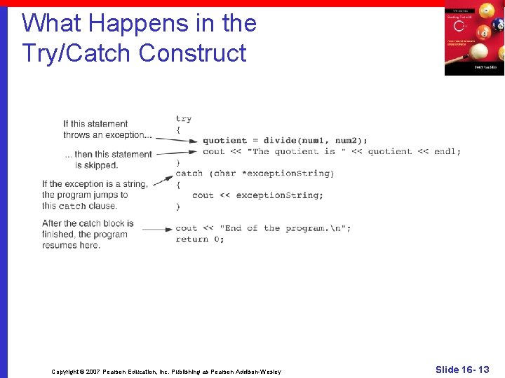 What Happens in the Try/Catch Construct Copyright © 2007 Pearson Education, Inc. Publishing as