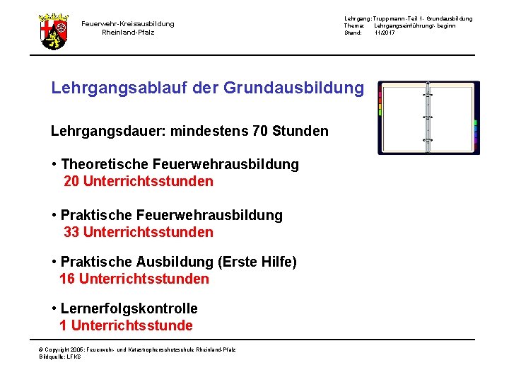 Feuerwehr-Kreisausbildung Rheinland-Pfalz Lehrgang: Truppmann -Teil 1 - Grundausbildung Thema: Lehrgangseinführung/- beginn Stand: 11/2017 Lehrgangsablauf